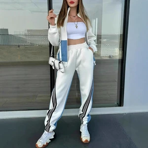 ODM Supply Autumn Two-Piece Sports Suit Loose Casual Wide Leg Sweat Pant Contrasting Color Jacket Zipper Decoration