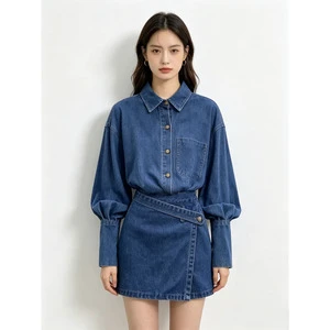 Women Denim 2 Piece Outfit Lantern Sleeve Button Down Shirt + Wrap Skort Shorts Set Casual Daily Jean Two Piece Suit