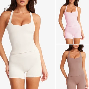 Cross-border Womens Yoga Tank Top Solid Spandex/Nylon V-neck Mid-Waist Front Chest Pads Sheer Feel High Stretch Quick-Drying