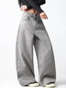 Custom High Waist Denim Wide Leg Jeans Women's 2026 New Autumn Grey Washed Loose Shown Straight