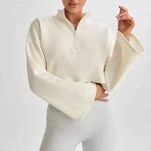 Daily Casual Wear Half Zip Sweatshirt Flare Sleeves Cropped Top Custom Logo Printing Women Sweatshirt Jumper