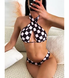 ODM/OEM Swimwear & Beachwear Customized Ladies Plaid Bathing Swimwear Halter for Women Bikini