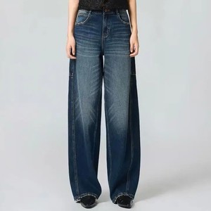 OEM OED Women High Rise Regular Fit Medium Denim Cargo Jeans Straight-leg Monkey Wash Rivet Button Long Drape Casual Breathable