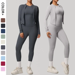 OEM/ODM Lightweight Sportswear Zip Jacket Leggings Yoga Set Four-Way Stretch Elastic Waist Workout Gym for Women