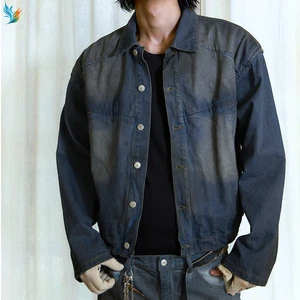 Custom Trendy Retro Acid Wash Denim Punk Spray Painting Gradient Vintage Dirty Mud Waxed Coat Design Jeans Jacket For Men