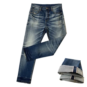 YAXI Manufacturer High Quality Men's Distressed Jeans Hot Selling Vintage Selvedge Denim Mid Waist Straight Trousers 100% Cotton
