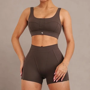 Custom Women's Fitness 2 Piece Set Stretchy Fabric Wide Strap Sports Bra High Waist Scrunch Butt Yoga Shorts Active Yoga Set