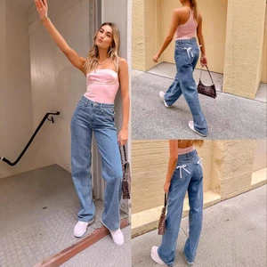 European and American Foreign Trade Cross-border High Waist Casual Bow Straight Denim Trousers for Women