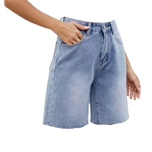 Women's Washed Straight Casual Denim Shorts Streetwear Style Patchwork Pattern Short Jeans Pants for Girls and Ladies