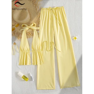 TW 2026 Customized New Design Two Piece Halter Deep v Neck Bikini Set with Pants Women's Solid Backless Swimwear Beachwear