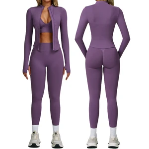 AL010 New Quick-Dry Zip-Up Running Training Women's Sportswear Track Fitness Workout Gym Yoga Bra and Leggings 3-Piece Set
