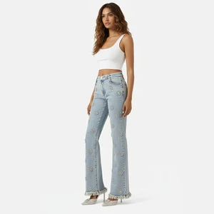 Women's High Waist Flared Denim Jeans Light Blue Casual Streetwear Pants with Frayed Hem Bell Bottoms
