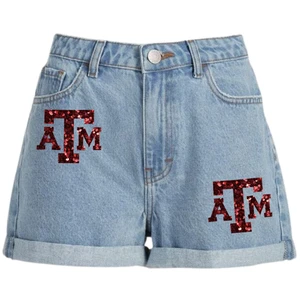 2025 Women's Mid-Waisted Straight Casual Summer Denim Shorts with Sequin Embroidery and Custom Game Day High School Patches
