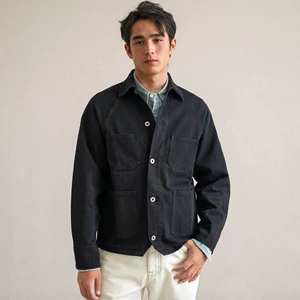 Spring Autumn Retro Tough Guy Denim Button Eco-Friendly Casual Regular Motorcycle Jacket Men's 100% Cotton Coated Non-RRL Front