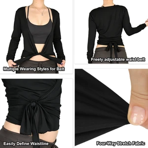 Women's Solid Color Long Sleeve Wrap Yoga Top V-Neck Tie-Waist Cropped Fitness Soft Stretchy Breathable Quick-Dry Front Low