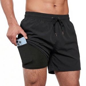 Custom Logo Men's Black Plain 2-in-1Elastic Waist Swim Shorts Quick Dry Anti-Chafe Liner Board Shorts With Pocket