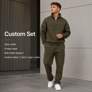 Custom Two Piece Set Men Olive Green Quilted Patterned Quarter Zip Heavyweight Cotton Fleece Cargo Jogger Tracksuit