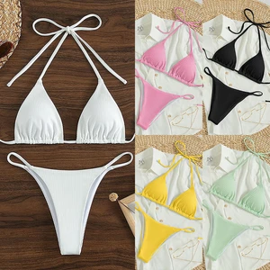 Women Candy Color Sexy Halter Bikini Triangle Solid Black Bathing Swim Suit Lace-Up Brazilian Two Piece Swimwear Beachwear 2025