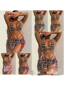 LSQ906 2026 New Three Piece Swimsuit Women's Double-sided Leopard Print Hanging Neck Bikini Swimsuit Summer Beach