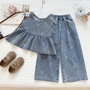 2026 Summer Girls' Denim Set New Fashion Bow Embroidered Denim Vest Wide-Leg Pants Retro Two-Piece Set