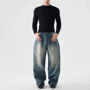 Custom Men's Plus Size Wide Leg Loose Straight Washed Vintage Classic Blue High Waist Hip Hop Street Style Denim Jeans