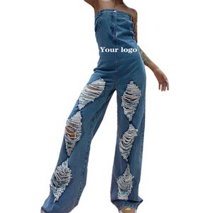 XIUYU Women Jeans Ladies Denim Fashion Street Style Personalized Perforated Straight Pockets Long Jumpsuit Wide Leg Pants