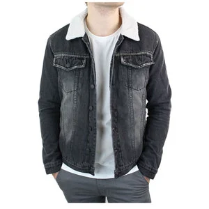 High Quality Men's Denim Jean Jacket Streetwear Winter Casual Formal Button Turn Collar Pocket Loose Fur Vintage Print Patchwork