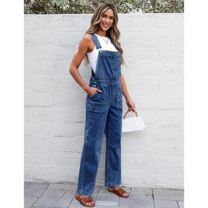 2025 Women's Straight Leg Baggy Denim Overall Jumpsuit Stretchy Bib Adjustable Strap Casual Button Cute Loose Fit Jean