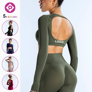Women's Long Sleeve Compression Yoga T-shirt Soft Stretchy Breathable Lightweight Open Back Seamless Crop Yoga Top