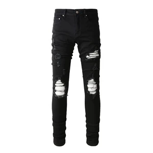 Men's Vintage Winter Slim Fit Plus Size Denim Jeans Wholesale High Street Patch Black Damaged Distressed White Washed Techniques