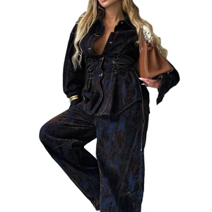 European and American Women's Denim Suit with Collar Buttons Long Sleeved Top Wide Leg Pants 2-piece Set