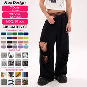 Men's Double Layer Ripped Wide Leg Sweatpants Y2K Baggy Distressed Gray Black Streetwear Pants With Plaid Lining