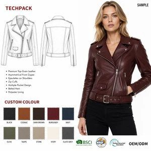 Custom OEM Burgundy Belted Biker Structural Belted Hem Epaulette Shaping Seams Asymmetric Zip Leather Jackets For Women