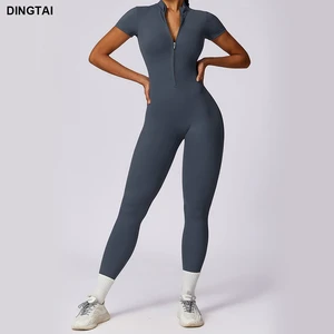 Women's Short Sleeve Sports Bodysuit Jumpsuit Half Zip Yoga Fitness Athletic Apparel One Piece Sports Legging Romper