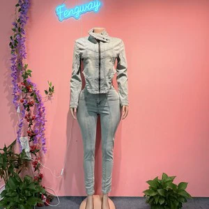 2026 Fall Women Distressed Long Sleeve Denim Zipper Jackets Jeans Sets Women 2 Piece Elastic Jean Pants Set