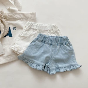 Wholesale Baby Girl Ruffle Denim Shorts Light Wash Soft Jean Shorts Elastic Waist Pocket Design Kids Summer Short Pants