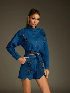 A10832 Women's Blue Denim 2-Piece Set: Flower Embellished Cropped Jacket & Shorts - Chic Tie-Waist Casual/Party Outfit