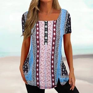 Plus Size Women's Clothing Spring Summer Elegant Fashion Square Neck Hem Slit Plus Size Short Sleeve T-Shirt
