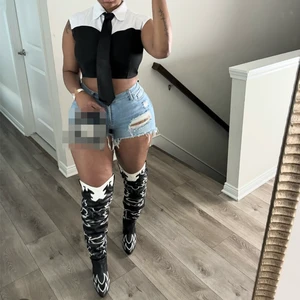 Newest Casual Summer Ins Hot Sale Woman Sleeveless Color Block Shirt Blouse Casual Short Cropped Tops With Tie Ladies' Blouses