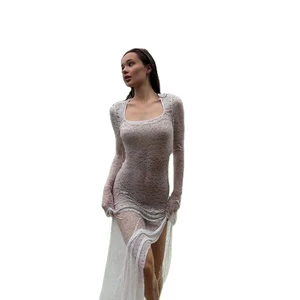 Square Neck Sheer Lace Maxi Cover up Dress Long Sleeve High Side Slit Bikini Beach Swim Coverup for Women