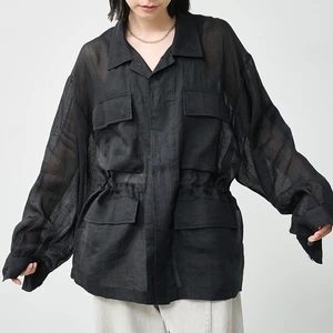 Custom Women Drawstring Waist Oversized Button up Shirt Long Sleeve Loose Fit Minimalist Sun Protection Beach Cover up Blouse