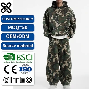 Custom Baggy All Over Print Sweatsuits Set Men Heavy Cotton Camo Tracksuit
