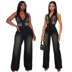 6992 Slim Elastic Washing Denim Jumpsuit Halter Loose