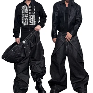 Verified Chinese Jeans Suppliers Custom Men's Summer Distressed Navy Denim Plus Size Wide Leg Low Waist Raw Jeans 2026 Trendy