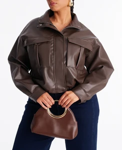 Custom PU Faux Leather Stand Zipper Printed Cropped Jacket Women Brown Loose Fit Drop Shoulder OEM Private Label Wholesale Plus