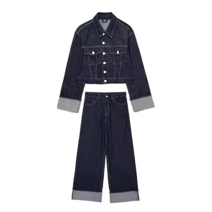 2025 Autumn Fashion Denim Set Long Sleeve Single Breasted Lapel Coat+High Waist Wide Leg Jeans Street Female Vintage Denim Suit