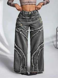Women's Plus Size Wide Leg Jeans Raw Frayed Layer Patchwork Seam Gold Metal Buckle Waist Strap Oversized Denim Trousers