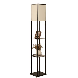 Iron Nordic Luxury Column Floor Lamp with Shelves Modern Black Decorative Standing Hotel Wood Shelf Floor Lamp