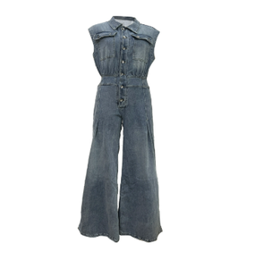 Jumpsuits Women One Piece Denim Jeans Overalls Sleeveless High Waist Turn Down Collar Wide Leg Long Pants Rompers Summer 2025