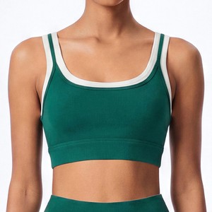 Custom Logo Women Scoop Neck Sports Bra Contrast Trim Padded Racerback Yoga Bra Buttery Soft Workout Bra For Fitness Gym Pilates